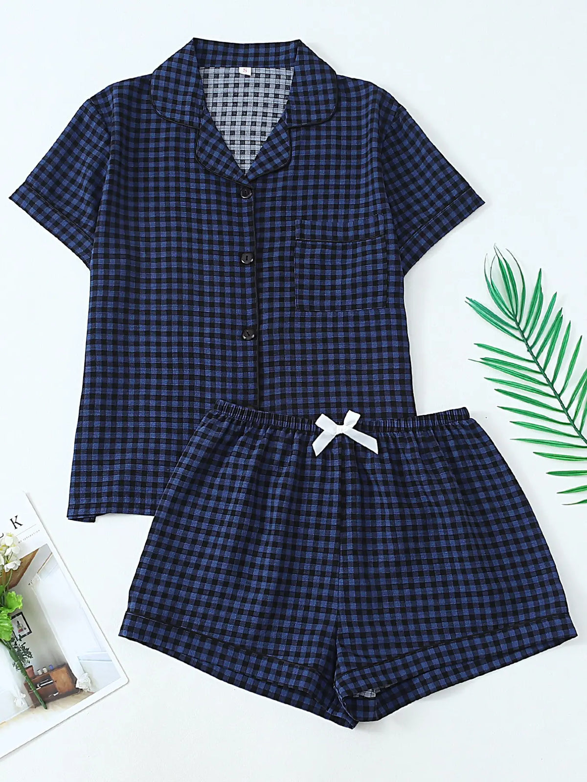 Women's Gingham Print Crop Shirt & Shorts Pyjama, Casual Comfy Short Sleeve Collared Top & Shorts PJ Set, Ladies Sleepwear Loungewear Set for Summer Gingham Pajama Pajamas Sets