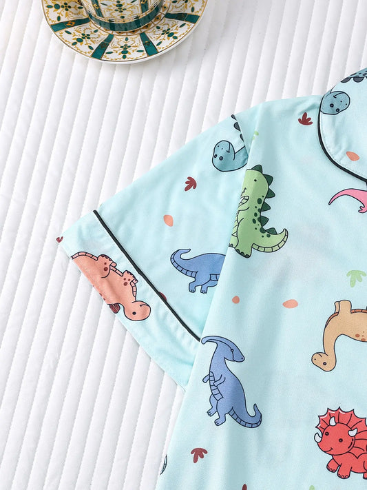 Women's Dinosaur Print Pajama Set, Cartoon Print Pajama, Comfortable Fitted Shirt & Elastic Shorts, Casual Summer Sleepwear, Loungewear for Pajama Party & Home