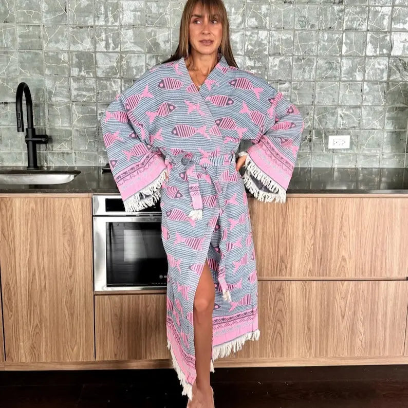 Handwoven Organic Cotton Kimono Robe, Fish Print Robe, Beach Cover-Up , Gift for Her