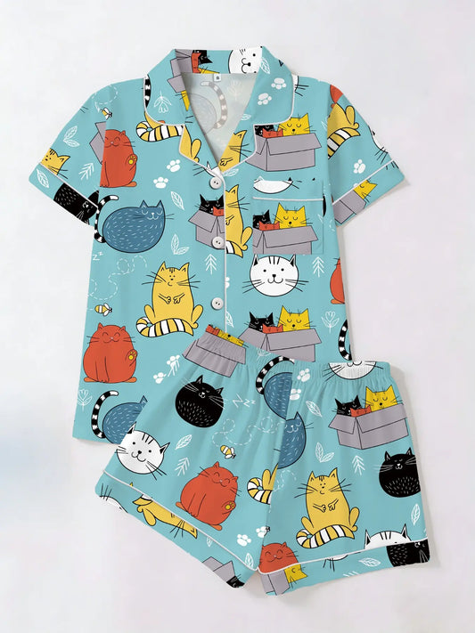 Cute Cat Garden Floral Print Short Sleeve Top Shorts Pajama Set, Fitted Casual Aesthetic Homeewear for Women, Casual Style Loungewear, All Seasons Wear, Two-Piece Sleepwear