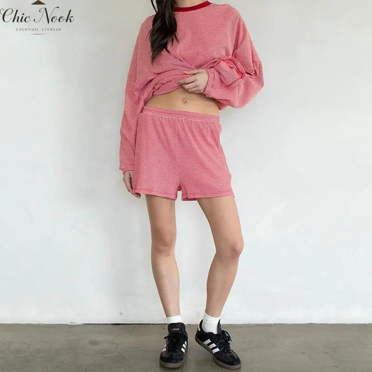 Women's Striped 2 Piece Lounge Set Oversized Long Sleeve T-Shirts Drawstring High Waisted Shorts Summer Pajama Sets