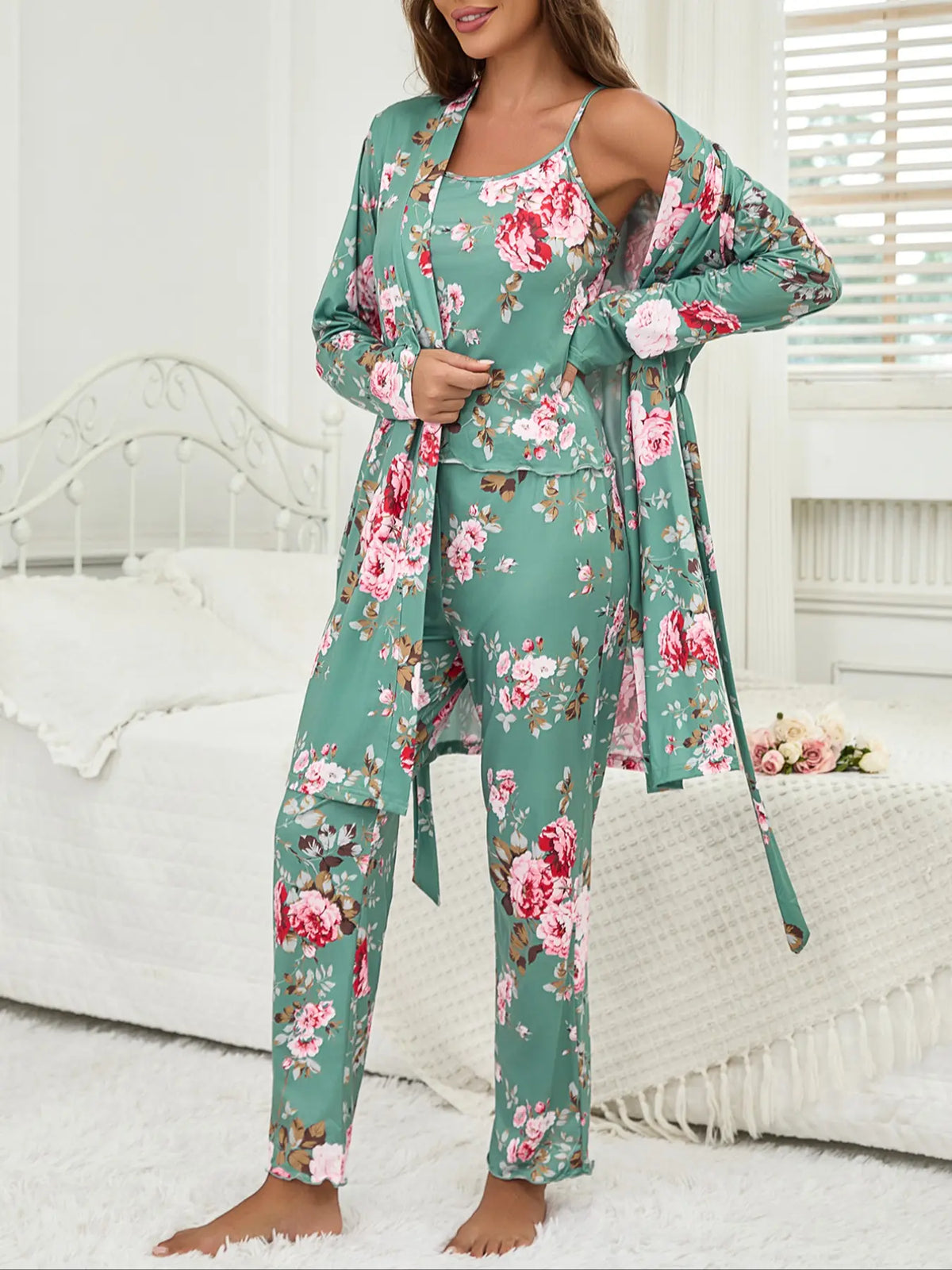 Women's All Over Floral Print Pajama Set, Long Sleeve Open Front Outwear & Pants & Cami Top, Casual Comfy Fitted Sleepwear Set for Women, Loungewear, Knit, Camisole