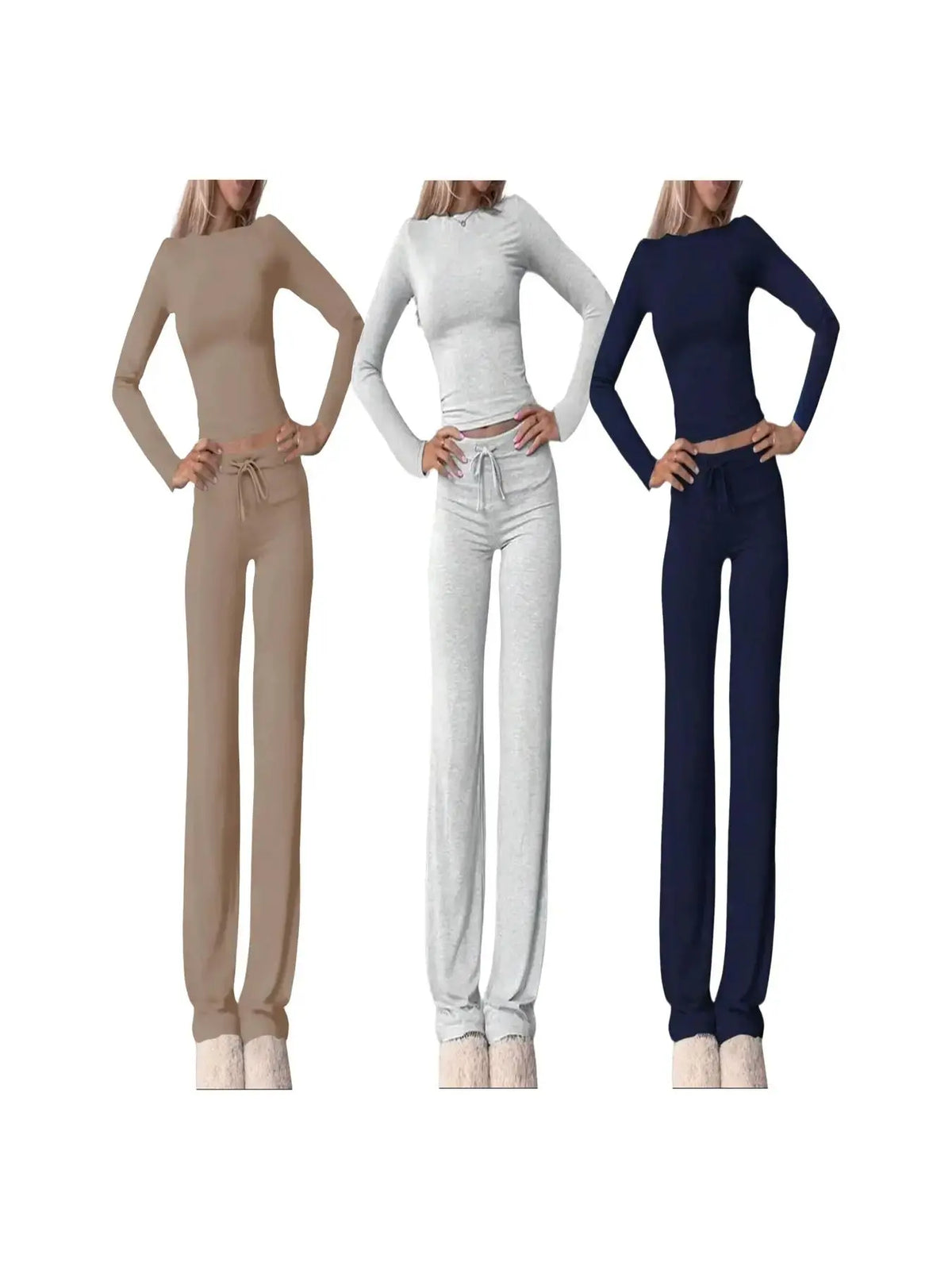 Women's Solid Long Sleeve Crop Top & Drawstring Waist Straight Leg Pants Loungewear Set, Casual Comfy Round Neck Top & Trousers PJ Set, Ladies Sleepwear for Summer & Fall