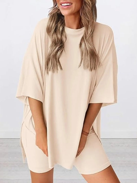 Women's Solid Color T-Shirt and Tight Shorts Set Loungewear, Summer Comfort Round Neck Pajamas Nightwear, Pocket Design, Suitable for Outdoor Wear