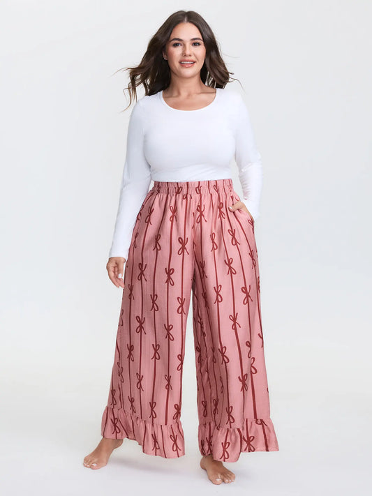 BLOOMCHIC Women's Plus Size Lounge Pants,Pajama Pants with Supersoft Nylon Geometric Striped Casual Pants with Smooth Fabric and Pocket,Cute Bow Print Lounge Pants,High Waist Relaxed Fit,Soft Summer Vacation ,Summerfinds,SohoChic
