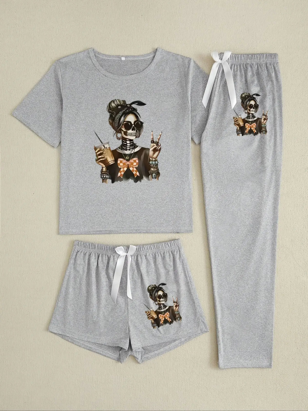 Halloween Skull Girl Print Pajama Chic Set Knit Pjs for Women, Fitted Pajama Sets, Casual Fitted Sleepwear Loungewear, All Seasons Comfortable Nightwear, Moderate Fabric Thickness, Everyday Womenswear
