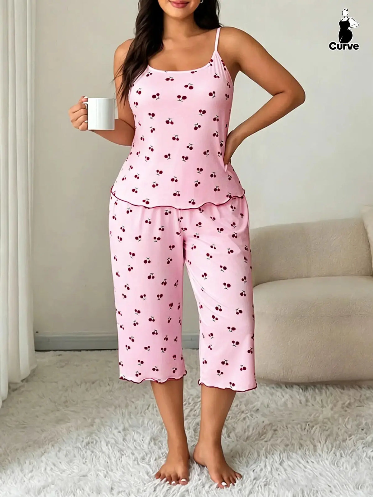 Women's Cherry Print Sleeveless Pajama Set, Cami Top & Wide-Leg Pants, Comfortable Stretch Sleepwear & Loungewear for All Seasons