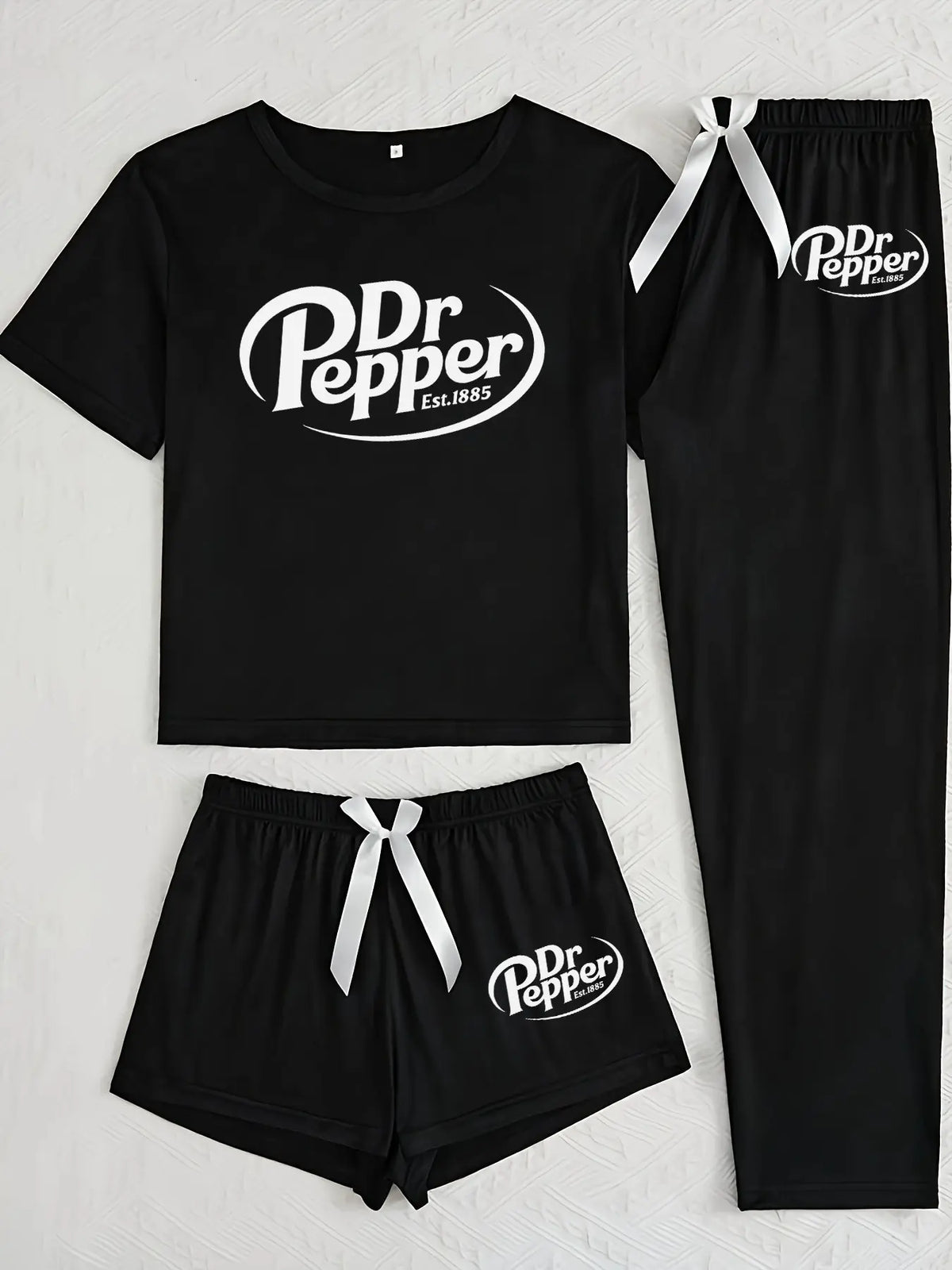 Women's 3-Piece Sleepwear Set with Pepper Doctor Logo Print, Casual Cartoon Design Fitted Pajama Set, Comfortable Loungewear, Cozy Matching Sleepwear Pjs for All Seasons
