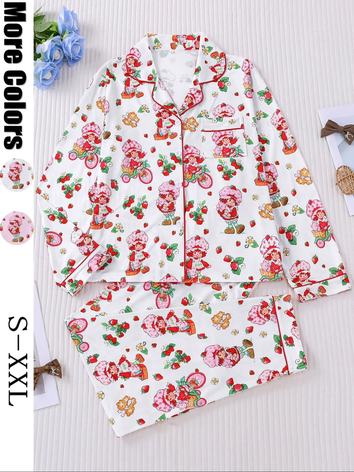 Women's Strawberry Print Sleepwear Set, Pajama Set, Pjs, Long Sleeve Button-Up Top & Elastic Pants, Casual Home Wear, Party, Loungewear