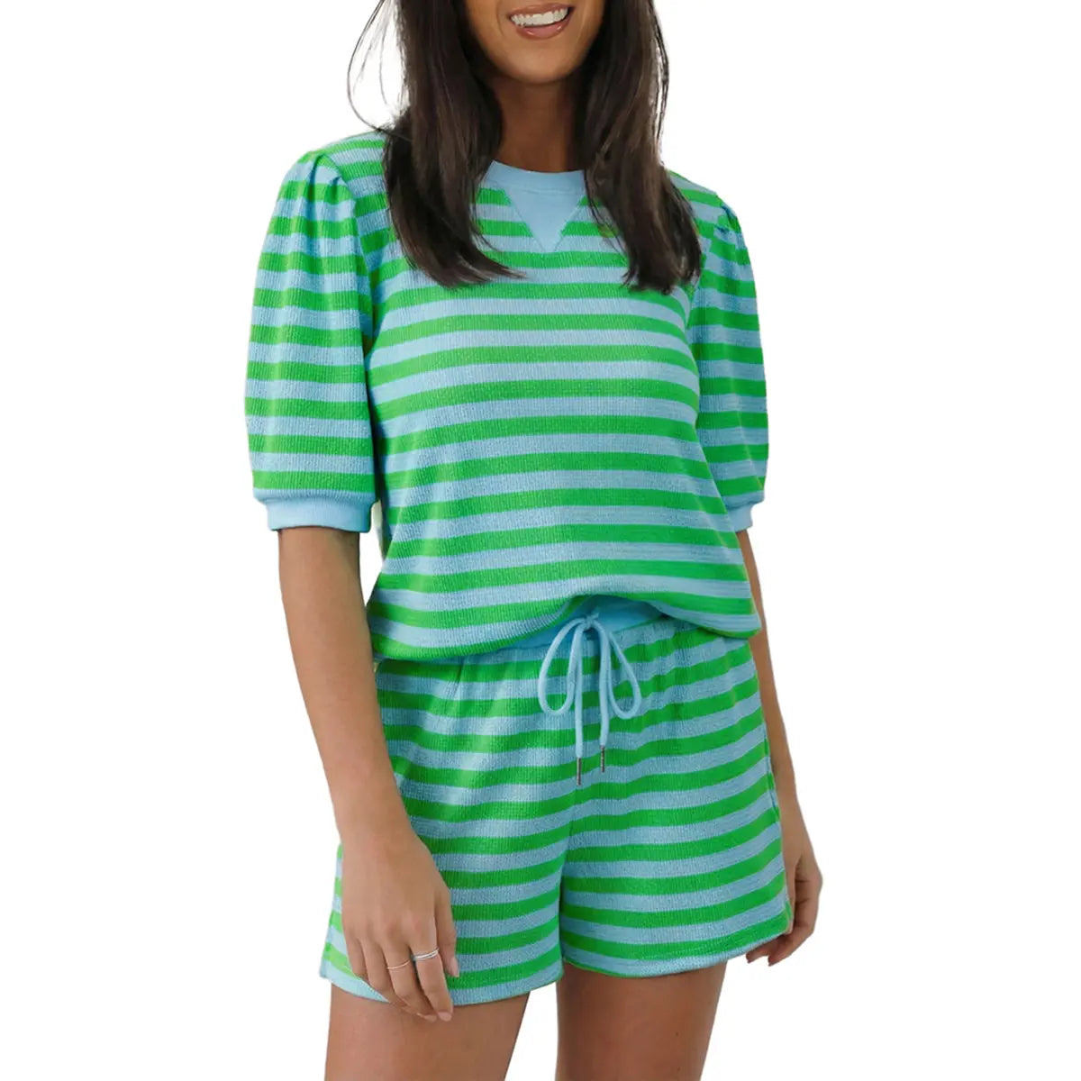 Mntaor Women's Cozy 2-Piece Ribbed Shorts Set Classic Navy Stripes Soft Cotton Blend Perfect for Lounging Sleeping or Casual Streetwear Clothes Womenswear