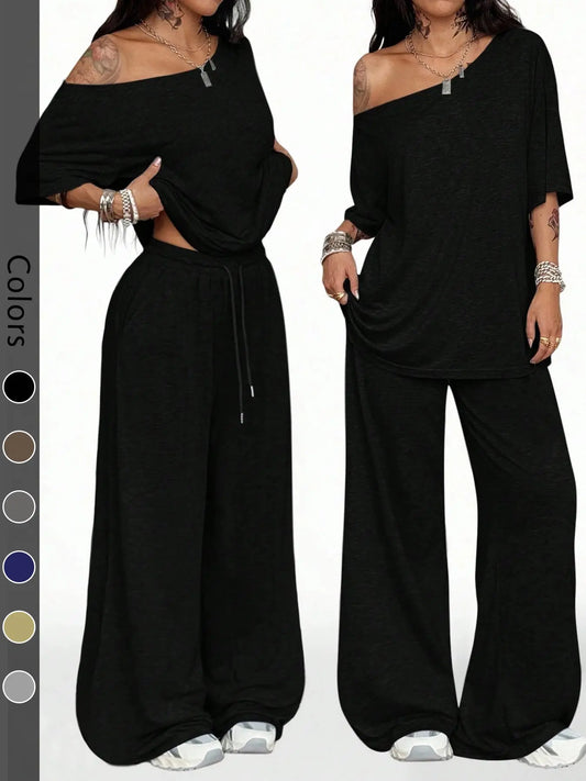 Women's 2-Piece Sleepwear Set Loungewear Outfit, Casual Solid Color, Loose Short Sleeve Top and Long Pants, Comfortable Homewear