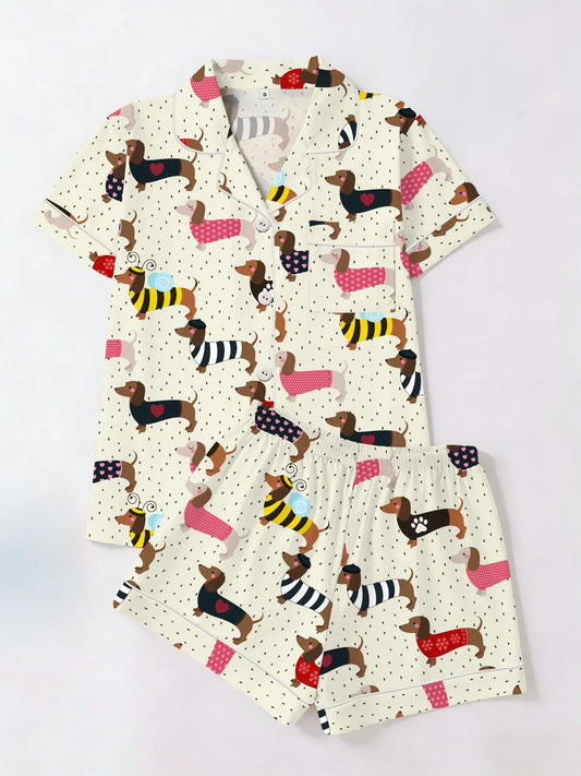 Women's Trendy Aesthetic Colorful Sausage-Dog Print Loungewear Set, Short-Sleeve Top and Shorts Sleepwear Set, Two-Piece Casual Fitted Pajama Suit, Nightwear Pajama Set for All Seasons