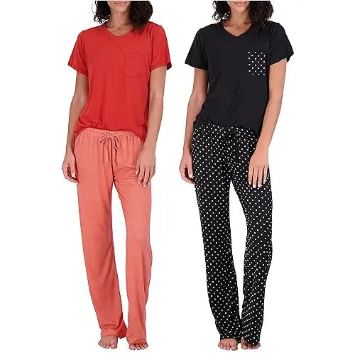 Real Essentials 2 Pack: Women's Comfy Pajama Sets - Short Sleeve Ladies Loungewear Sleepwear PJs (Available In Plus)