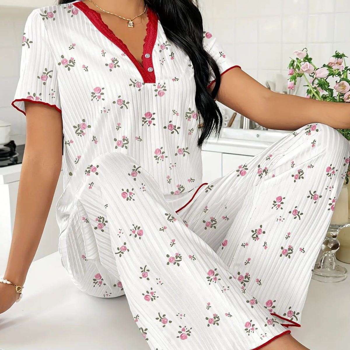 FEITAI Women's 2-Piece Floral Cherry Print Nightwear Set - Ribbed Knit Short Sleeve V-Neck Button Front Henley Top with Lace, Matching Stretchy Fabric Fit Pants, Feminine Sleepwear Loungewear
