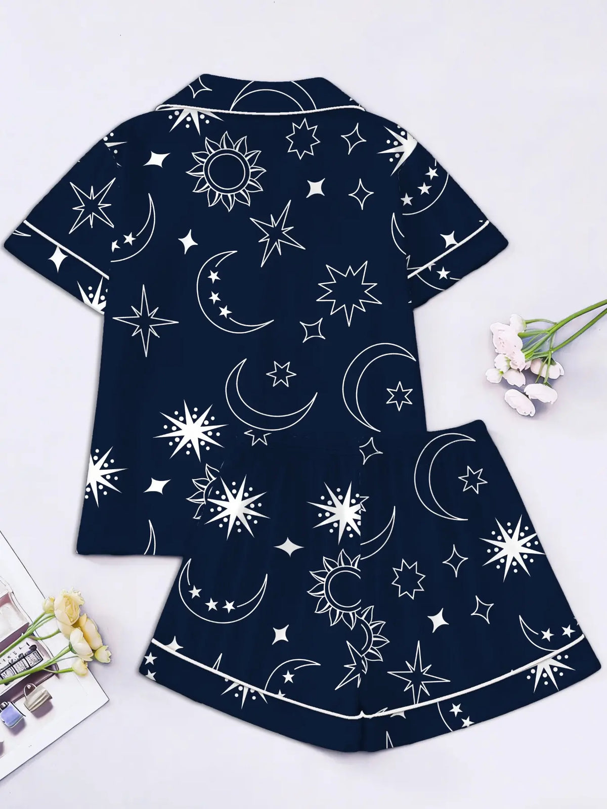 Tiktok Trend! Style Starry Sun Print Sleepwear Set for Women, Short Sleeve Cardigan Shorts Homeewear, Loungewear Pajamas, Casual All Seasons