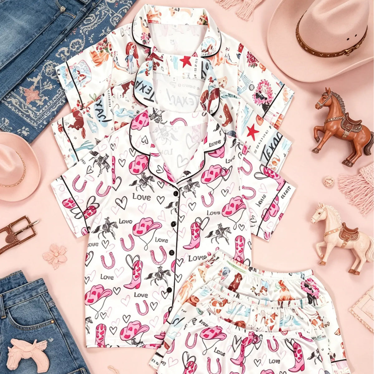 Women's 6-Piece Short-Sleeve Pajama Loungewear Set - Elastic Waist Shorts, Stylish Floral/Leopard Fabric, Elegant Fitted Style, Lounge Set for Women, Valentine Occasions