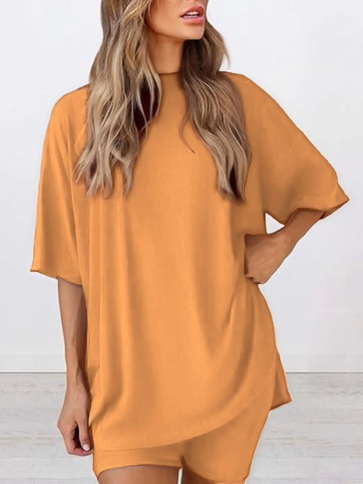 Women's Solid Color T-Shirt and Tight Shorts Set, Casual Summer Comfort Round Neck Sleepwear Loungewear, Pocket Design, Outdoor Wear, Lounge Clothes