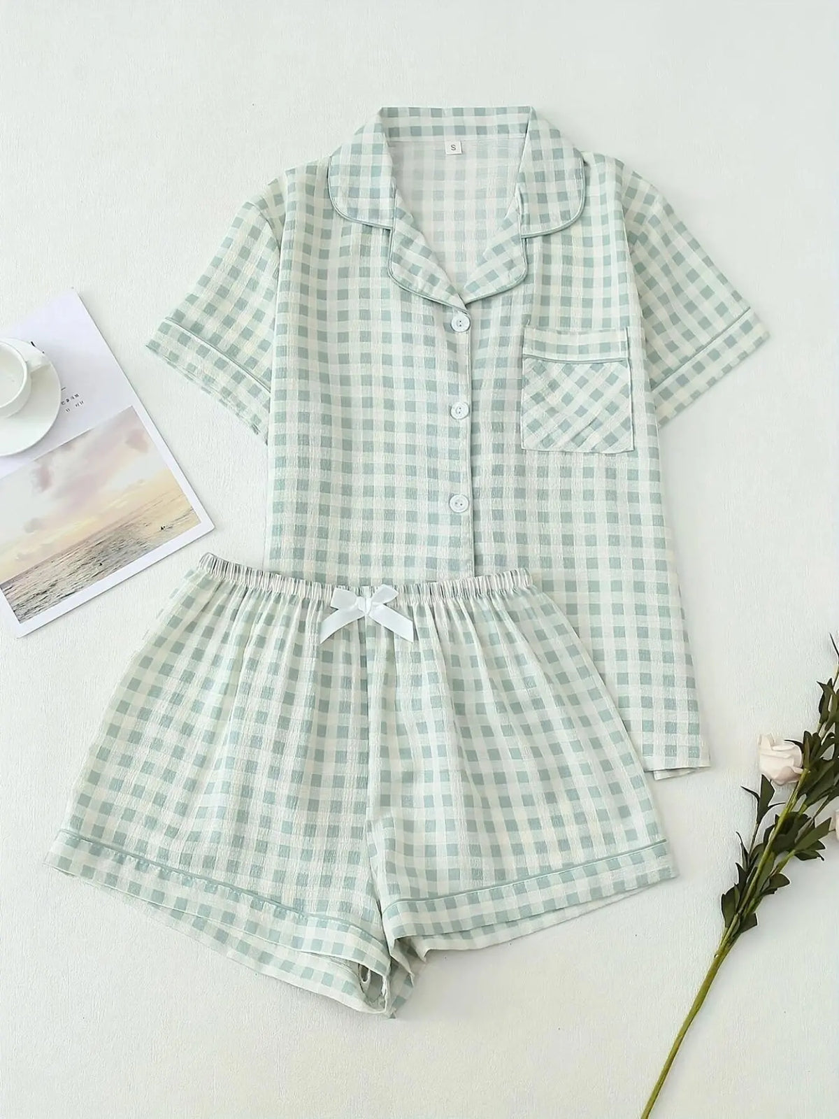 Women's Gingham Print Crop Shirt & Shorts Pyjama, Casual Comfy Short Sleeve Collared Top & Shorts PJ Set, Ladies Sleepwear Loungewear Set for Summer Gingham Pajama Pajamas Sets