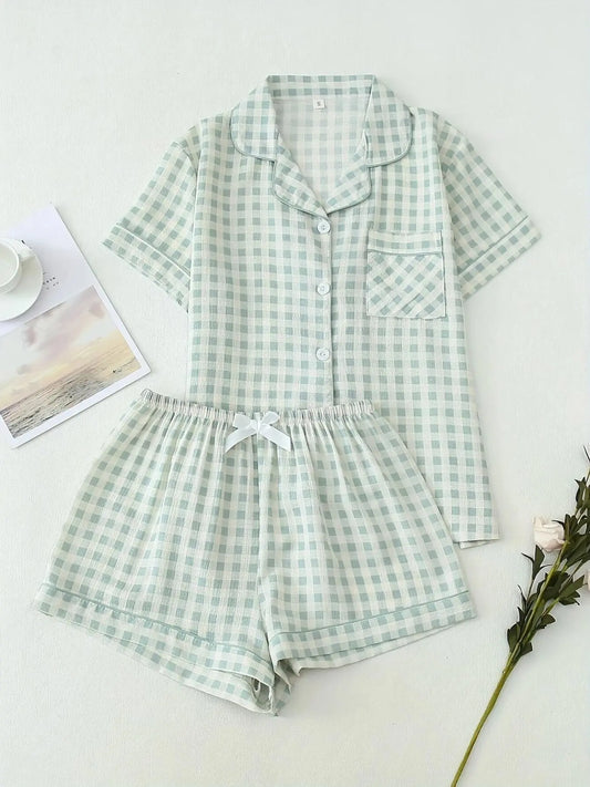 Women's Gingham Print Crop Shirt & Shorts Pyjama, Casual Comfy Short Sleeve Collared Top & Shorts PJ Set, Ladies Sleepwear Loungewear Set for Summer Gingham Pajama Pajamas Sets