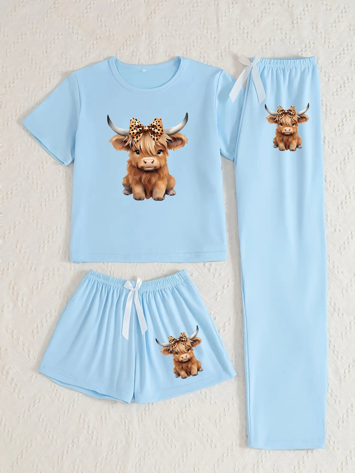 Cartoon Highland Cow Print Women's Pajama Sets, Casual Pajamas Set, Casual Comfy Pajama, Matching Pyjamas, Casual All Seasons Nightwear, Fitted Knitted Fabric Sleepwear & Loungewear