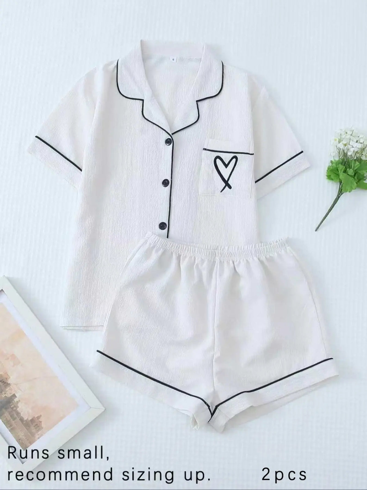 Women's All Over Print Woven Casual Loungewear Set, Contrast Binding Pocket Button Top & Elastic Shorts Pajama Set, Ladies Summer Pjs Nightwear Matching Pj Set