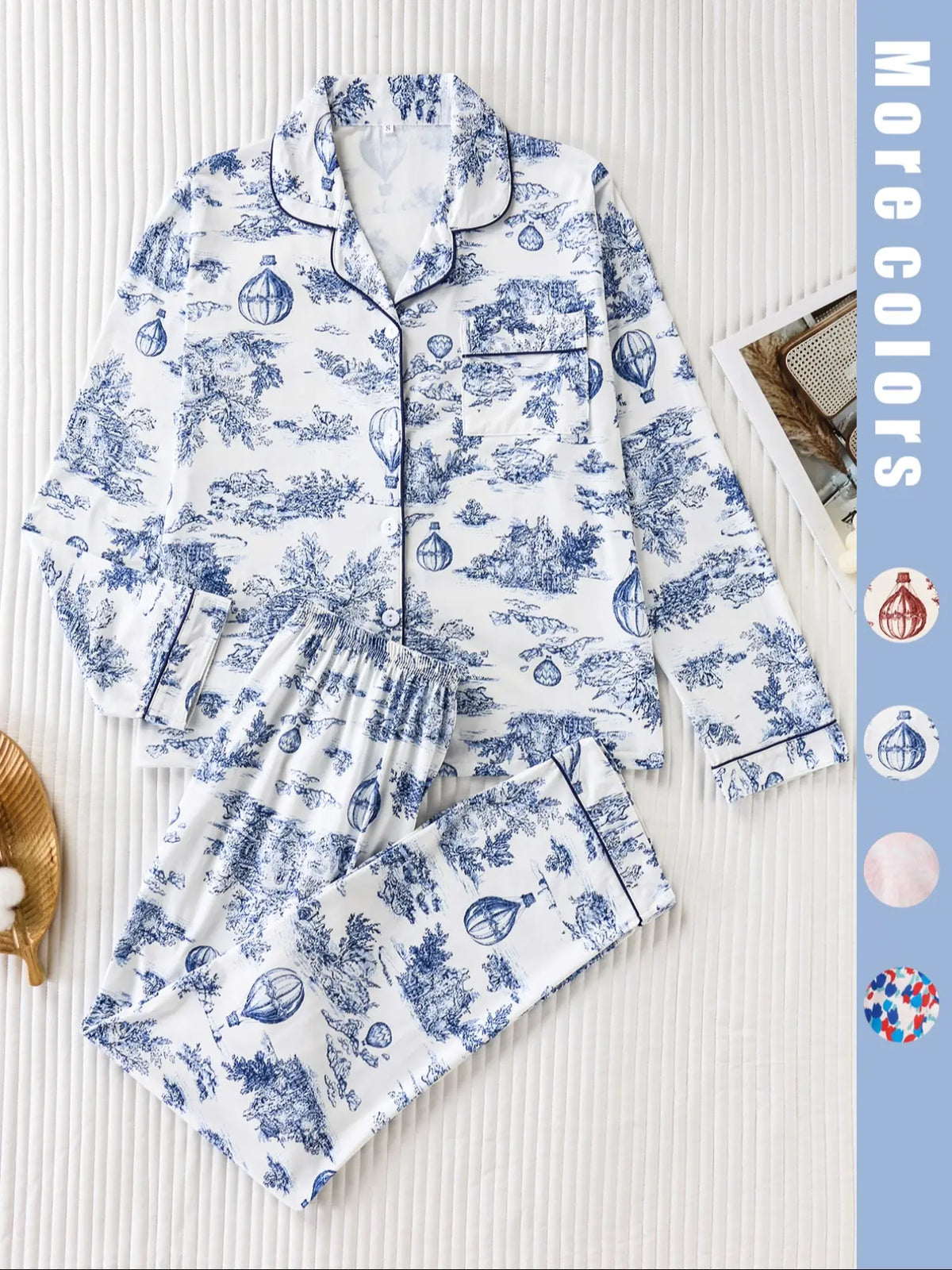 Two-piece pink ladies' pajama set with full-color prints. Button-front collar shirt and elastic waist pants pajama. Casual and comfortable collar long-sleeved top and long pants pajama set. Ladies' pajamas for spring and autumn Loungewear.