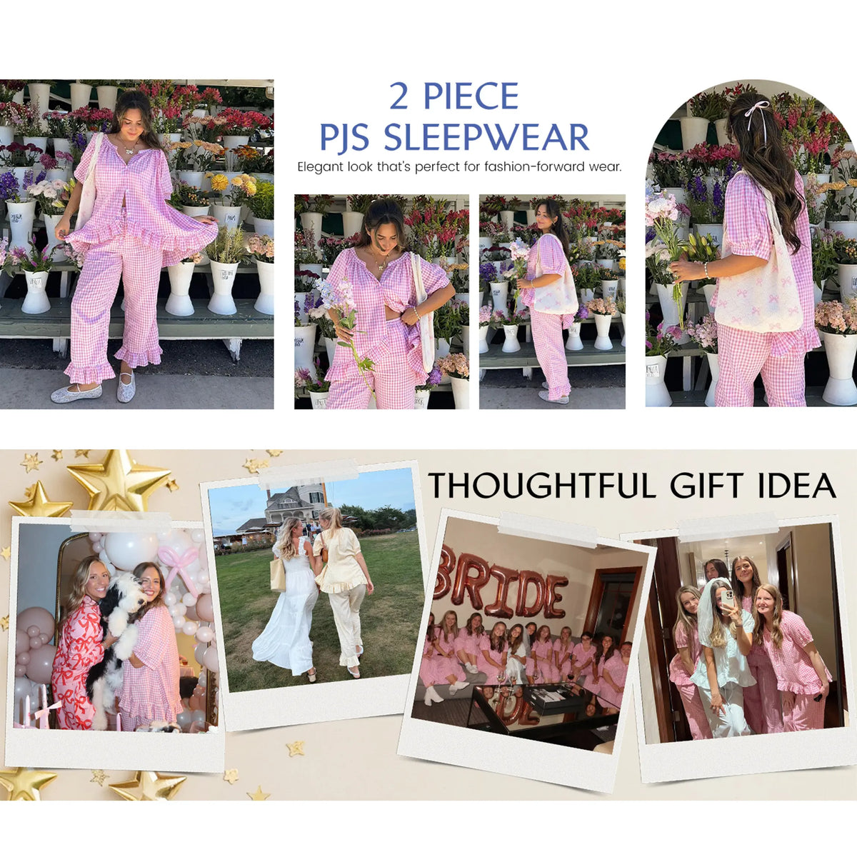 Buenoble Womens Plaid 2 Piece Pajamas Sets Gingham Button Down Puff Sleeve Babydoll Shirt Ruffle Pants Y2K Pjs Lounge Set