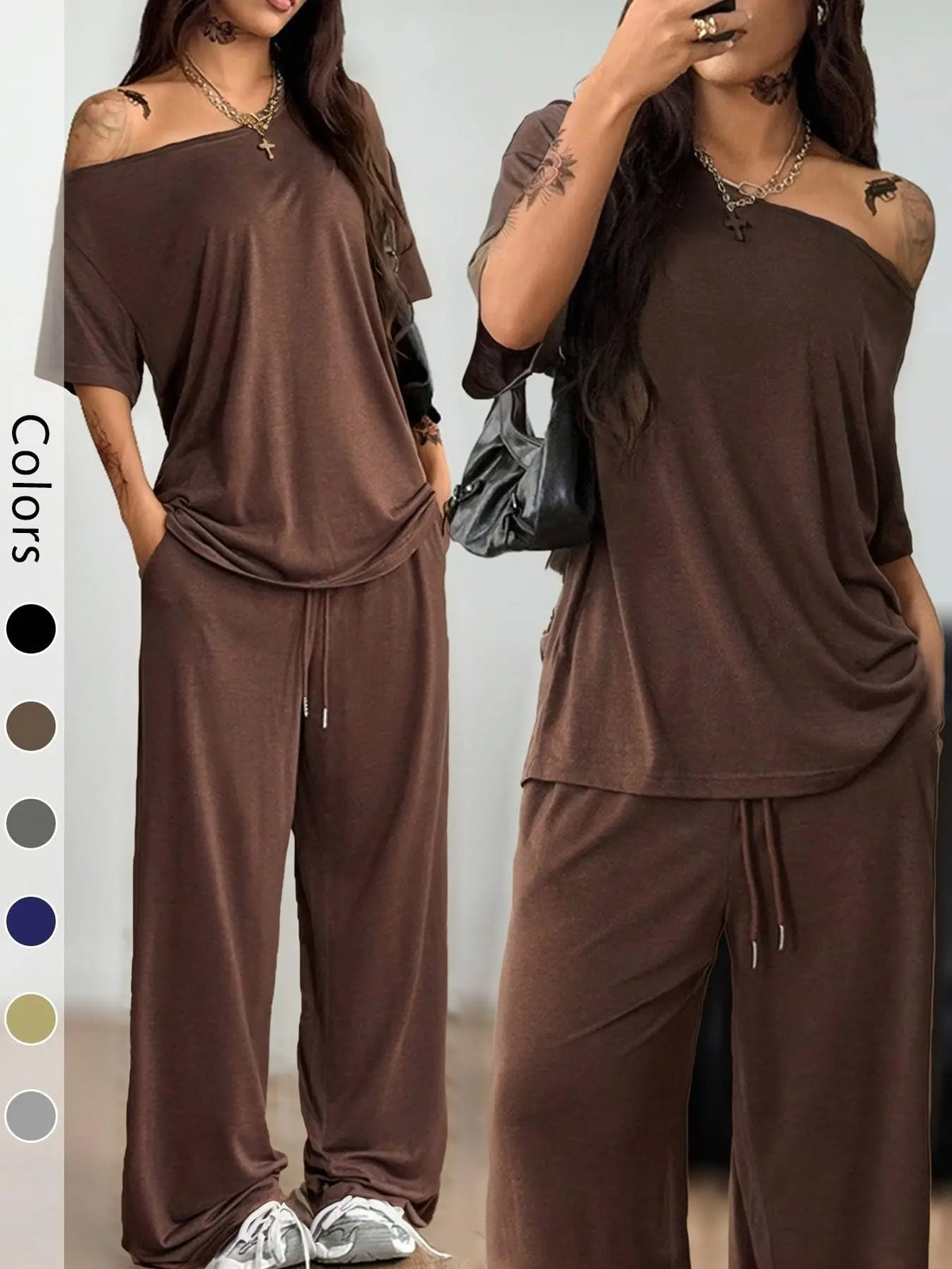 Women's 2-Piece Sleepwear Set Loungewear Outfit, Casual Solid Color, Loose Short Sleeve Top and Long Pants, Comfortable Homewear