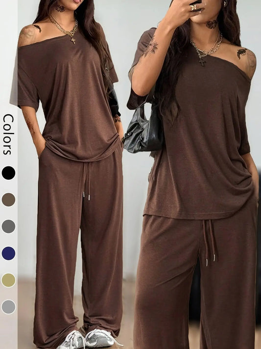 Women's 2-Piece Sleepwear Set Loungewear Outfit, Casual Solid Color, Loose Short Sleeve Top and Long Pants, Comfortable Homewear