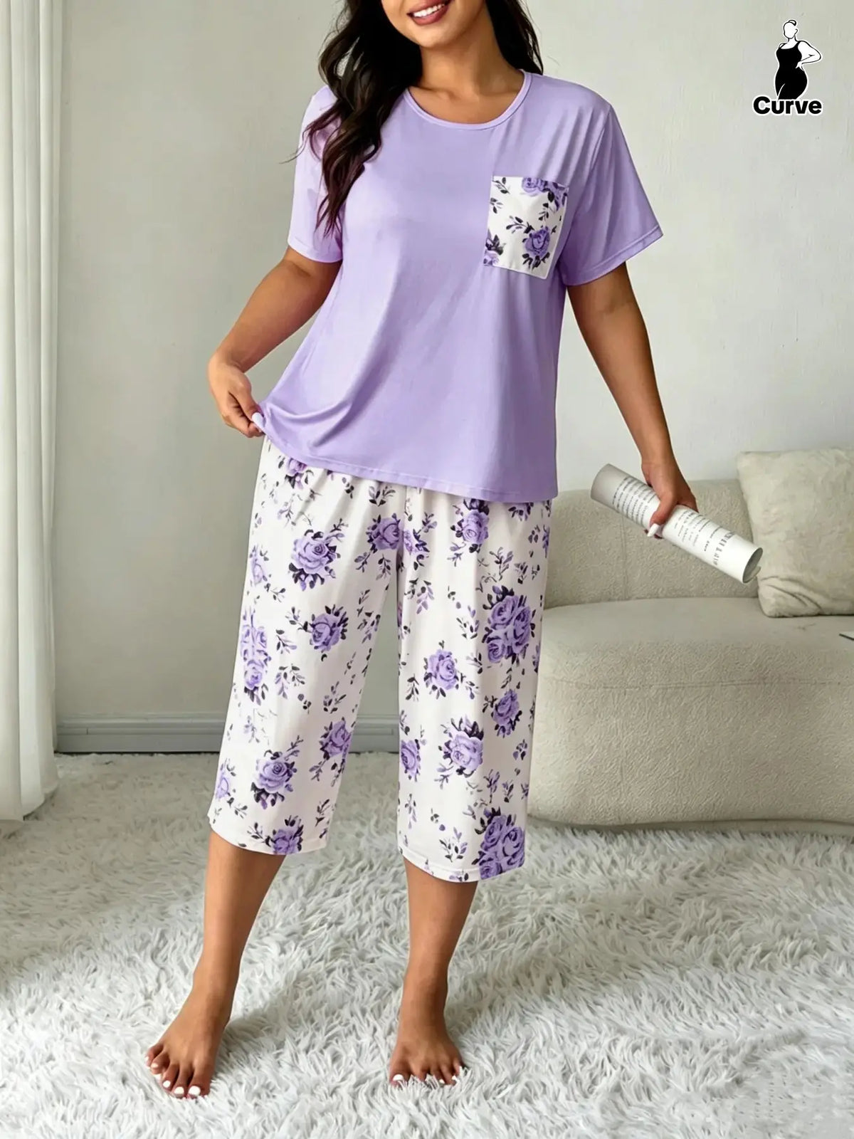 Plus Size Floral Print Tee & Capri Pants Pyjama Two-Piece Set, Casual Comfy Round Neck Short Sleeve T-Shirt & Trousers, PJ Set, Women's Sleepwear for Summer