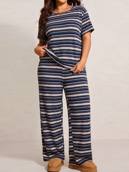 Women's Plus Size Striped Print Drop Shoulder T-Shirt and Long Pants Sleepwear Set, Comfortable Home Wear Loungewear, Casual Fashion Night Outdoors Walking