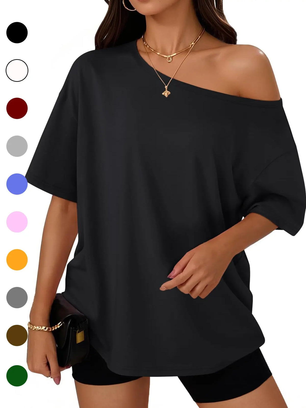 Women's Summer Shoulder-Exposed Sleepwear Set, Loose Fit Short Sleeve T-Shirt, Casual Home Wear, Outdoor Use, Loungewear, 1 Piece, Loose Lounge Clothes