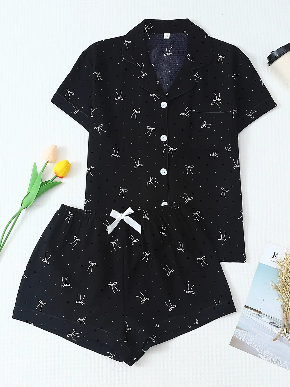 Women's Bow Print Stripe Shirt & Shorts Pyjama, Casual Comfy Short Sleeve Woven Pj Set, Ladies Sleepwear for Summer, Pajamas Sleepwear, Loungewear, Pajama Set
