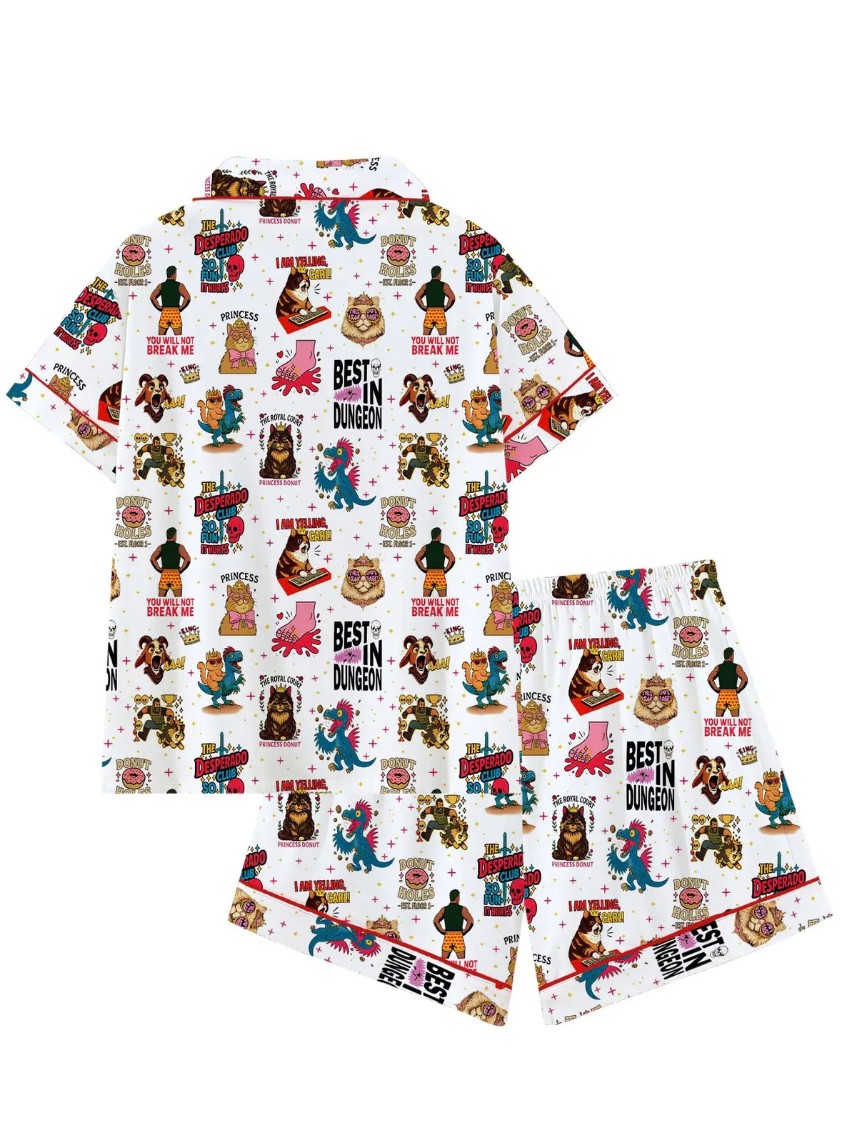 Women's Cute Dungeon Cat Print Pajama Set, Cozy Fantasy Sleepwear Set, Short-Sleeve Fitted Shirt and Pants, Two-Piece Homewear Set, Lightweight Loungewear, Nightwear Pajamas, Nightwear Outfit for Party Wear