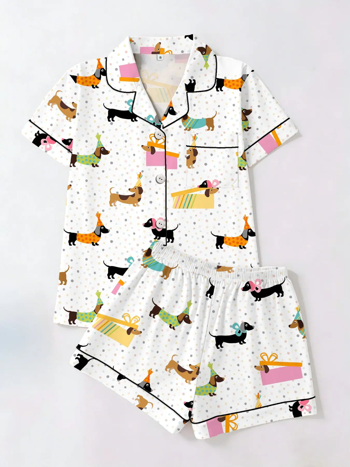 Women's Trendy Aesthetic Colorful Sausage-Dog Print Loungewear Set, Short-Sleeve Top and Shorts Sleepwear Set, Two-Piece Casual Fitted Pajama Suit, Nightwear Pajama Set for All Seasons