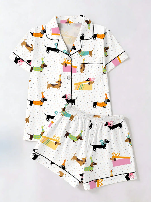 Women's Trendy Aesthetic Colorful Sausage-Dog Print Loungewear Set, Short-Sleeve Top and Shorts Sleepwear Set, Two-Piece Casual Fitted Pajama Suit, Nightwear Pajama Set for All Seasons