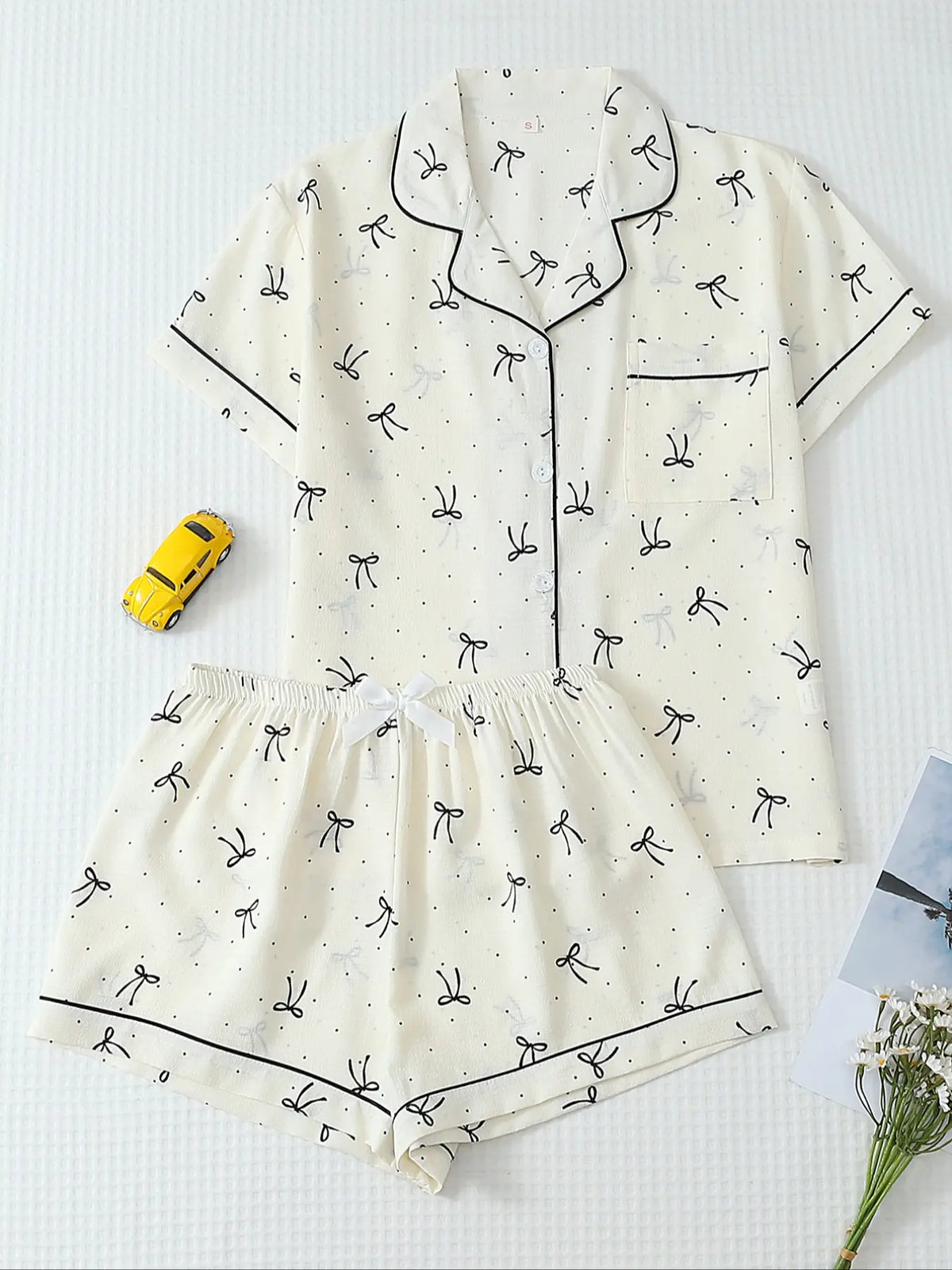 Women's Bow Print Stripe Shirt & Shorts Pyjama, Casual Comfy Short Sleeve Woven Pj Set, Ladies Sleepwear for Summer, Pajamas Sleepwear, Loungewear, Pajama Set