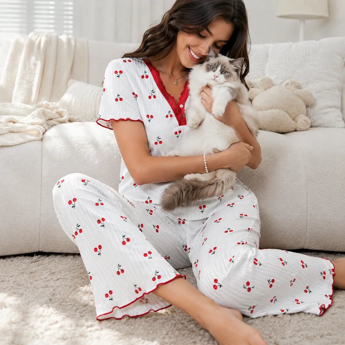FEITAI Women's 2-Piece Floral Cherry Print Nightwear Set - Ribbed Knit Short Sleeve V-Neck Button Front Henley Top with Lace, Matching Stretchy Fabric Fit Pants, Feminine Sleepwear Loungewear