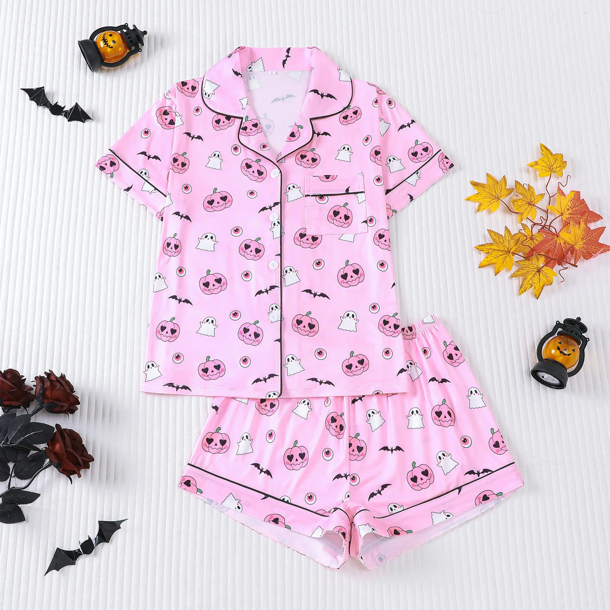Msrlassn Women's Halloween Print Lapel Neck Pajama Set Casual Comfy Short Sleeve Top & Shorts Pj Set Ladies Sleepwear for All Seasons Loungewear