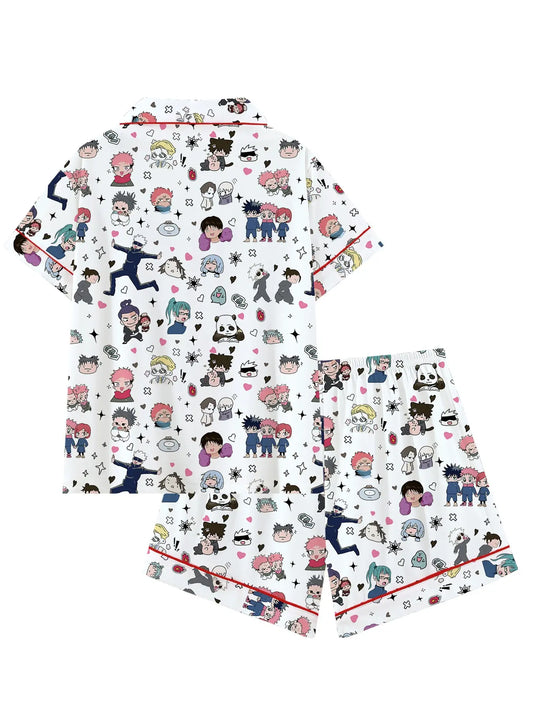 Dark Anime Sorcerer Pajama Set Pyjamas for Women, Cozy Soft Casual Cartoon Print Sleepwear, Street Style Loungewear, Fan Gift, Pjs