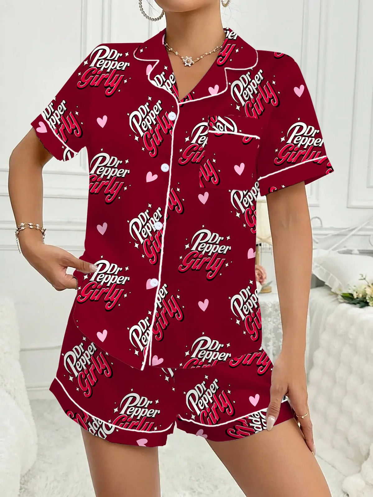 Dr.Pepper girl Women's Valentine's Day Sleepwear Set, Matching Pj Set, Pajama Set, Cute Butterfly Design, Short Sleeve Lapel Button Top & Shorts, Casual Home Wear, All Seasons