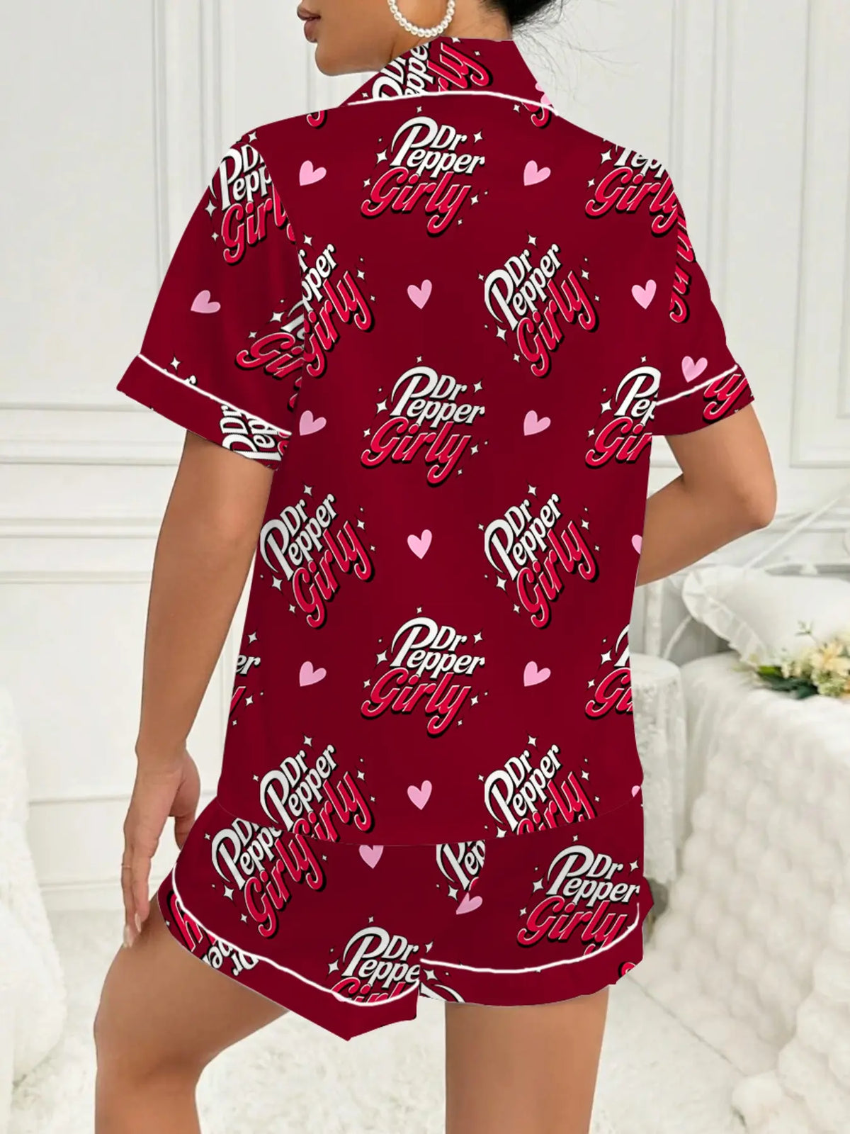 Dr.Pepper girl Women's Valentine's Day Sleepwear Set, Matching Pj Set, Pajama Set, Cute Butterfly Design, Short Sleeve Lapel Button Top & Shorts, Casual Home Wear, All Seasons