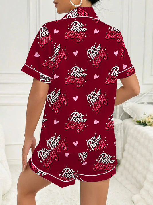 Dr.Pepper girl Women's Valentine's Day Sleepwear Set, Matching Pj Set, Pajama Set, Cute Butterfly Design, Short Sleeve Lapel Button Top & Shorts, Casual Home Wear, All Seasons