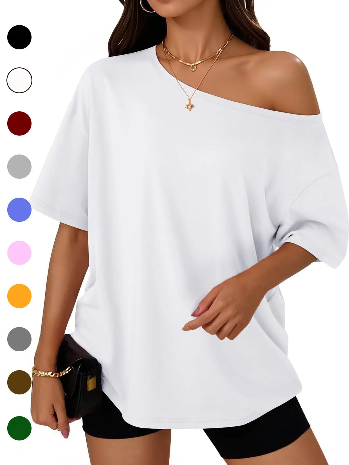 Women's Summer Shoulder-Exposed Sleepwear Set, Loose Fit Short Sleeve T-Shirt, Casual Home Wear, Outdoor Use, Loungewear, 1 Piece, Loose Lounge Clothes