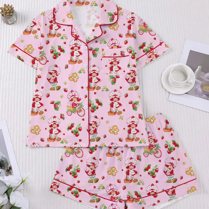 Msrlassn Women's Halloween Print Lapel Neck Pajama Set Casual Comfy Short Sleeve Top & Shorts Pj Set Ladies Sleepwear for All Seasons Loungewear
