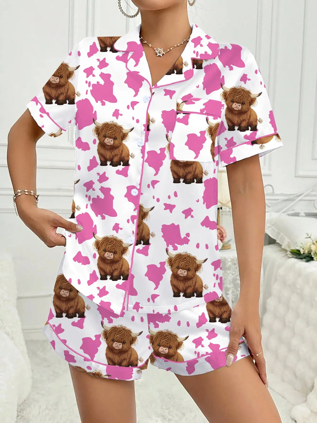 Valentine's Day Women's Sleepwear Loungewear Casual Pajama Set, Comfortable Cute Elastic Highland Cow Milk Cow Pattern Short Shirt and Pants Two-Piece Suit