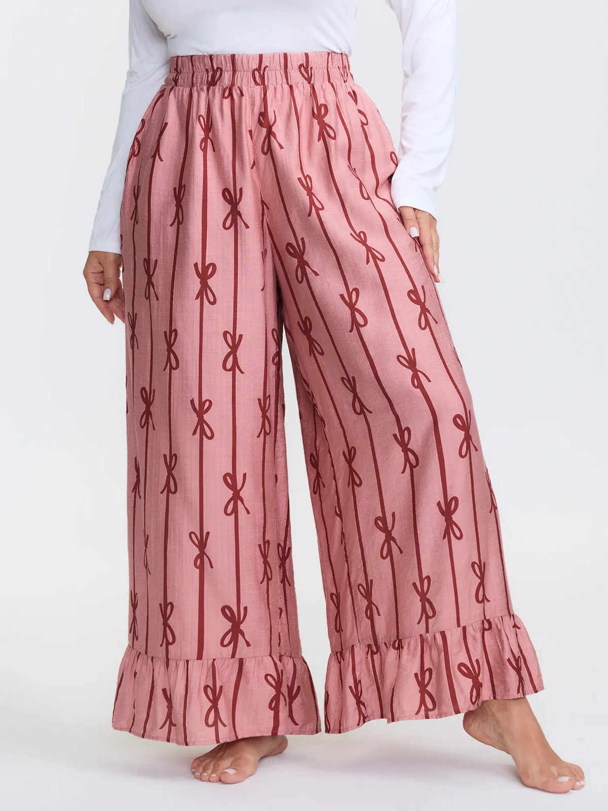 BLOOMCHIC Women's Plus Size Lounge Pants,Pajama Pants with Supersoft Nylon Geometric Striped Casual Pants with Smooth Fabric and Pocket,Cute Bow Print Lounge Pants,High Waist Relaxed Fit,Soft Summer Vacation ,Summerfinds，SohoChic