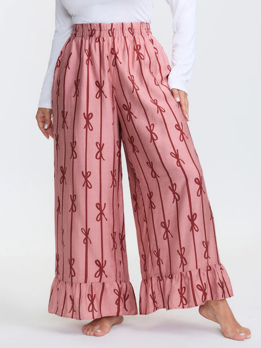 BLOOMCHIC Women's Plus Size Lounge Pants,Pajama Pants with Supersoft Nylon Geometric Striped Casual Pants with Smooth Fabric and Pocket,Cute Bow Print Lounge Pants,High Waist Relaxed Fit,Soft Summer Vacation ,Summerfinds，SohoChic