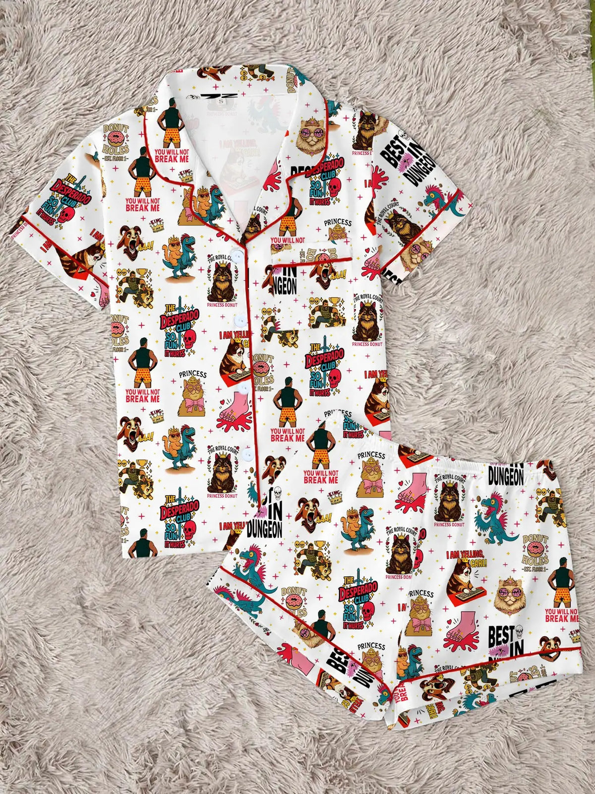Women's Cute Dungeon Cat Print Pajama Set, Cozy Fantasy Sleepwear Set, Short-Sleeve Fitted Shirt and Pants, Two-Piece Homewear Set, Lightweight Loungewear, Nightwear Pajamas, Nightwear Outfit for Party Wear