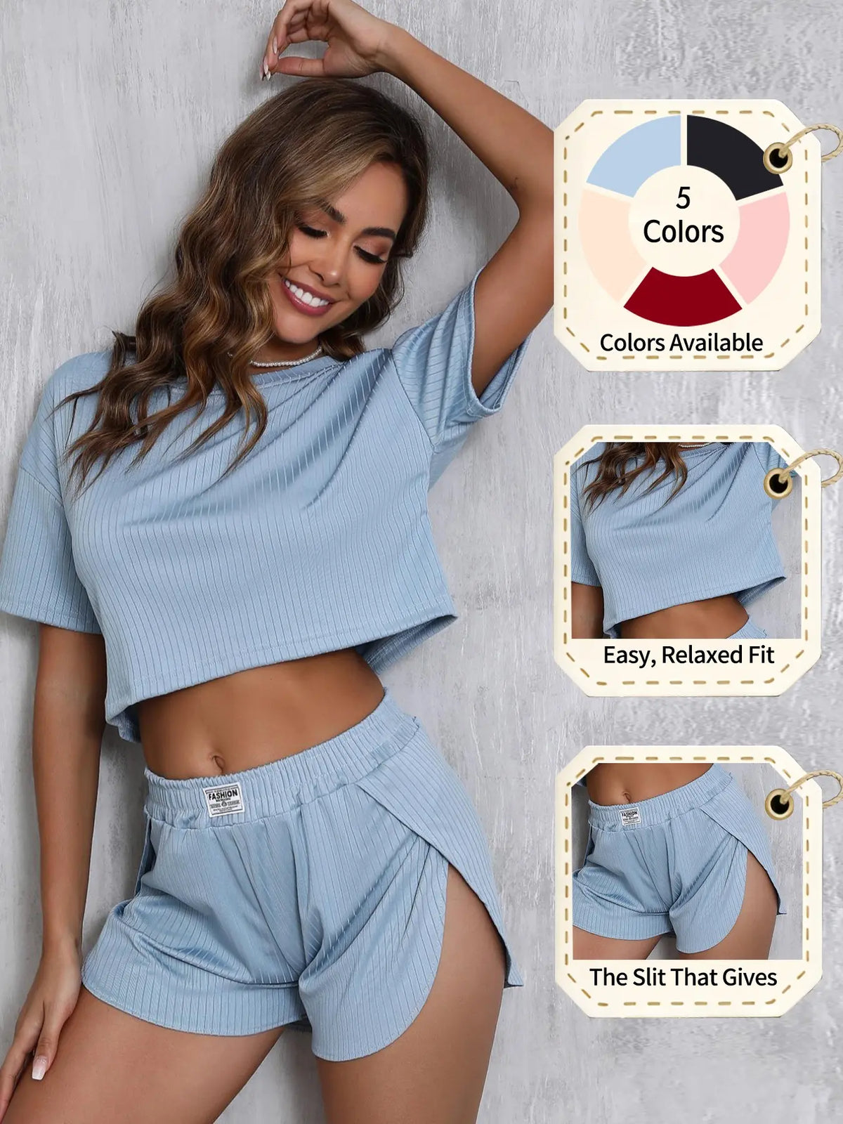Women's Solid Elastic Ribbed Crop Tee & Shorts Slit Pajama Two-piece Set, Casual Comfy Fit Short Sleeve T-shirt & Shorts, Ladies Summer Sleepwear Loungewear, Homewear, Pjs, Pyjamas Set, Aesthetic
